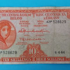 Irish 1964 Lavery ten shilling banknote in used condition