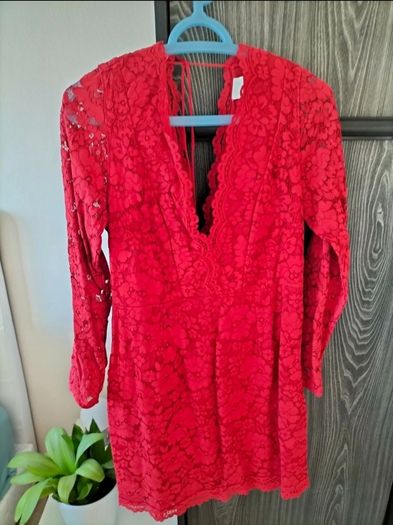 H&M red lace long sleeve V-neck mini dress size UK 10