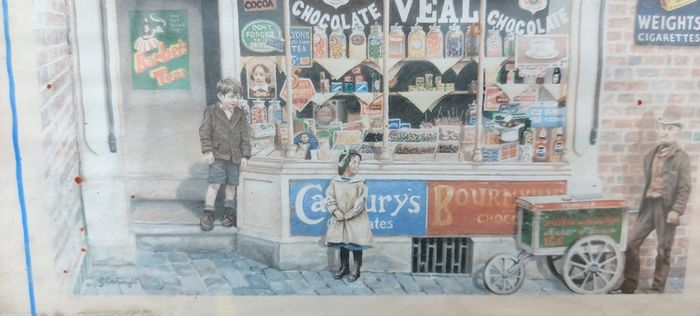 Old advertising shop front picture print ,different brands for sale, in the shop,nice for any home bar or man cave pub restaurant etc,,buyer collects thank you,, rather buyer collects with the glass ,sold as is ,,see pictures for condition