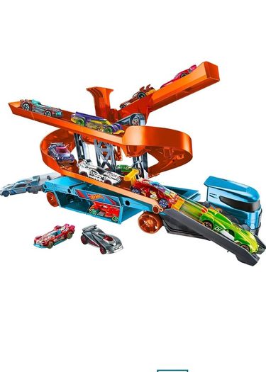 Perfect Condition Hot Wheels Lift & Launch Hauler Set & 3 cars