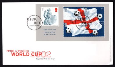 2002 Great Britain World Cup Football Championship Japan and Korea Miniature Sheet Commemorative Stamps Royal Mail Addressed First Day Cover (FDC)