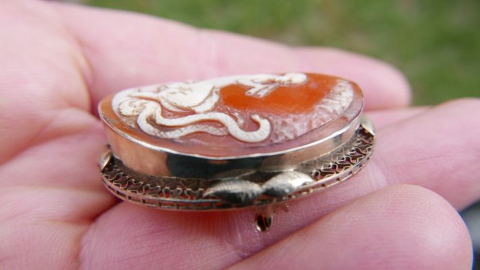 Vintage Most Rare 1890's Antique 14k Gold Shell Cameo Pin Brooch 4cm X 3cm