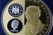 95 euro new price | 5 Reichsmark Goethe commemorative Gold &amp; Silver plated proof XXL 130grams