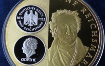 95 euro new price | 5 Reichsmark Goethe commemorative Gold &amp; Silver plated proof XXL 130grams
