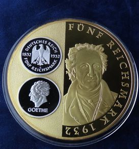 95 euro new price | 5 Reichsmark Goethe commemorative Gold & Silver plated proof XXL 130grams