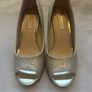 Gold glitter peep-toe heels. Image 4