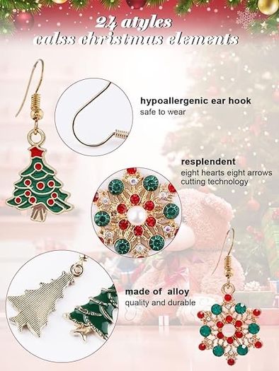 24 Pairs Christmas Earrings for Women, EBANKU Christmas Theme Drop Dangle Earrings Sets Christmas Drop Dangle Earrings Xmas Jewelry Earrings Set for Women Girls