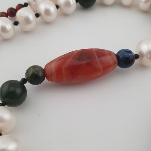 Authentic Freshwater Pearl Necklace with African Carnelian & Jade Beads
