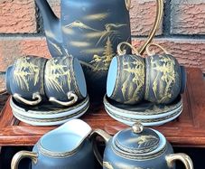Vintage Japanese-style tea set - black and gold