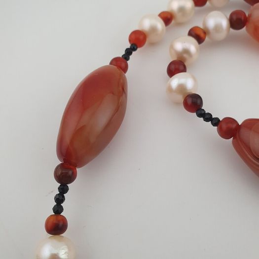 Vintage African Carnelian & Fresh Water Authentic Pearl Necklace