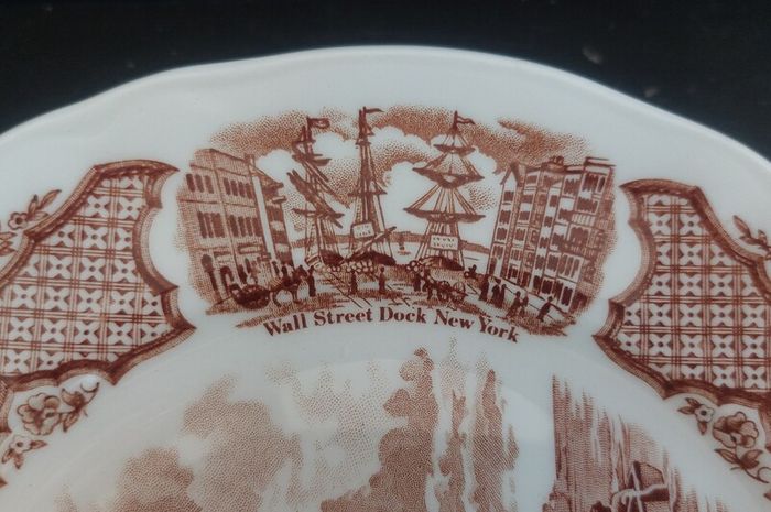 Vintage Set of Six Brown and White Fair Winds, Historical Scenes of Chinese Export to America - "The George Washington at Anchor" Salad Plates by Alfred Meakin