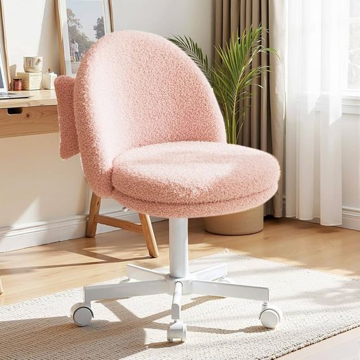Vanity Chair, Desk Chair without Armrests, Swivel Chair with Back Support, Comfortable Office Chair on Wheels, Height-Adjustable Home Office Chair, Pink Fleece