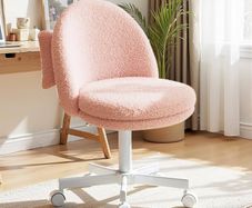 Vanity Chair, Desk Chair without Armrests, Swivel Chair with Back Support, Comfortable Office Chair on Wheels, Height-Adjustable Home Office Chair, Pink Fleece