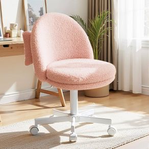 Vanity Chair, Desk Chair without Armrests, Swivel Chair with Back Support, Comfortable Office Chair on Wheels, Height-Adjustable Home Office Chair, Pink Fleece