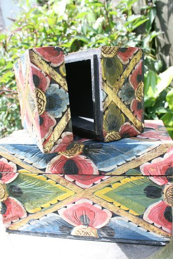 Vintage Two Carved Boxes Wooden Jewelry Hand Painted Handmade  Home Decor 10"x6" H 6" and 8,2"x4,5" H 4,2"