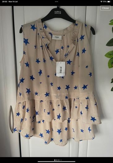 top bnwt 100% silk peplum top Pyrus brand cream with blue star pattern small