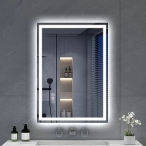 Bluetooth-Bathroom-Mirror-with-LED-Lights 700x500mm, LED-Bathroom-Mirror with Defogging Mat, 3000K-6500K, Dimmable, Memory, HD Tempered Glass, IP44 Waterproof,