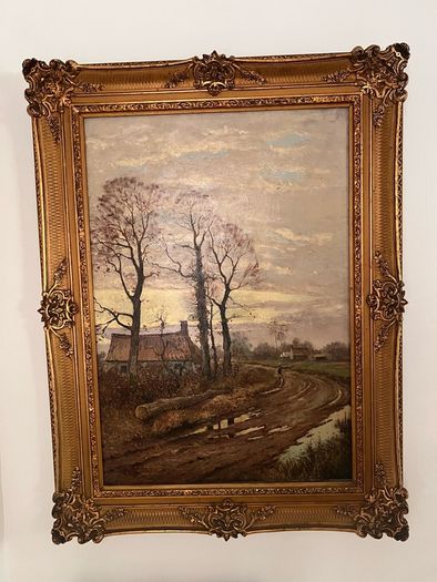 Large French oil painting in antique frame