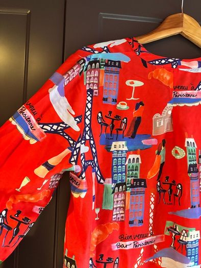 Eterna Red Parisian Print Viscose Blouse Shirt UK 10  Oversized Loose Fit Novelty France Scene