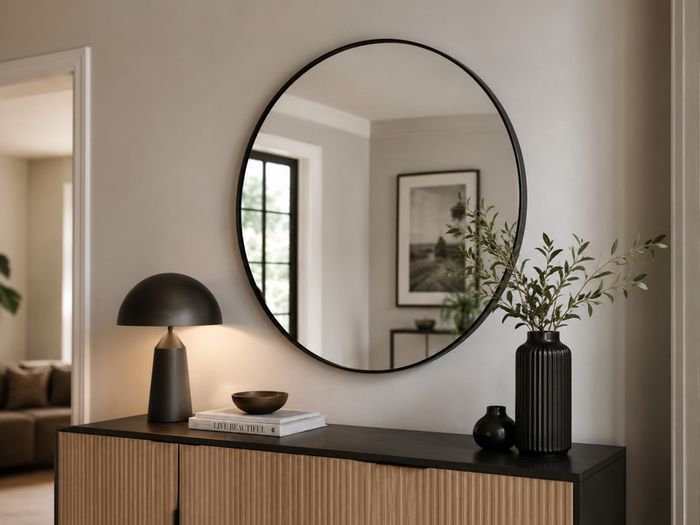 Black Round Wall Mirror 76 cm Modern Bathroom Mirror Aluminium Frame Vanity Hallway Bedroom Living Room