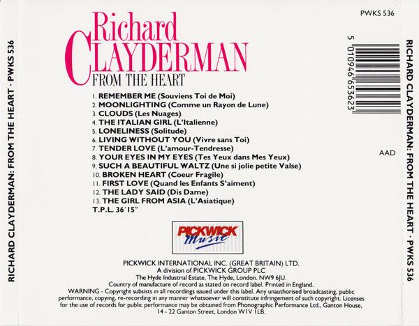 Free Postage! Richard Clayderman. From The Heart. CD.