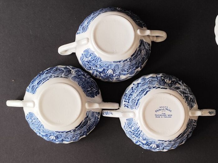 A Set of Six Myott Staffordshire Ironstone Royal Mail Soup Bowls and Melody Saucers