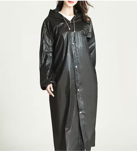 3pcs Black High Quality EVA Thickened Full Body Raincoats - Hooded Long Sleeve with Adjustable Drawstring Hood & Button Front for Outdoor Cycling, Hiking, Travel - Lightweight Portable Women's Rain Gear, Cycling Rainwear | Minimalistic Design