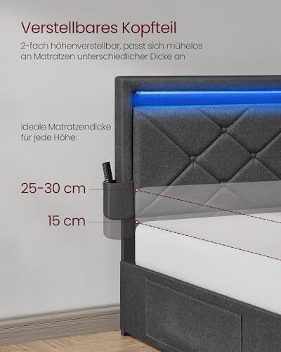 Double Bed Frame LED Metal Bed, 4 Drawers, Charging Station, Adjustable Padded Headboard, Slate Grey