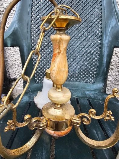 Antique 3 arm brass and marble-accent ceiling chandelier