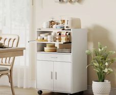 Microwave Cabinet, Shelf, Double-Door Cabinet, Drawer, Casters, White