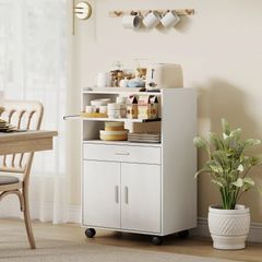 Microwave Cabinet, Shelf, Double-Door Cabinet, Drawer, Casters, White