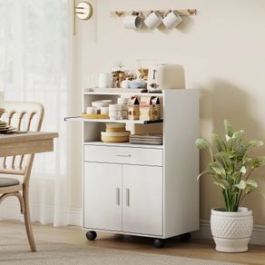 Microwave Cabinet, Shelf, Double-Door Cabinet, Drawer, Casters, White