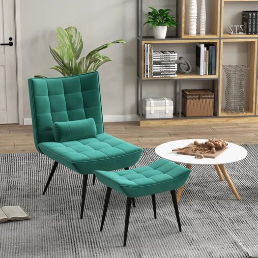 Accent Chair with Footstool Set, Tufted Upholstered Armless Lounge Chair with Pillow and Steel Legs for Living Room, Bedroom, Green