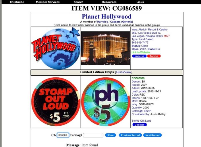 Collectible PLANET HOLLYWOOD Las Vegas casino chips poker