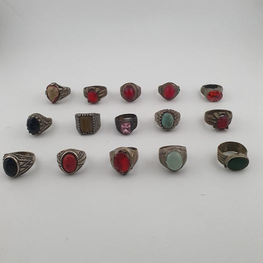 Lot of 15 Antique Tribal Style Brass Rings Mixed Stone & Colourful Glass