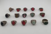 Lot of 15 Antique Tribal Style Brass Rings Mixed Stone &amp; Colourful Glass