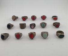Lot of 15 Antique Tribal Style Brass Rings Mixed Stone & Colourful Glass