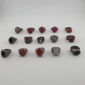 Lot of 15 Antique Tribal Style Brass Rings Mixed Stone & Colourful Glass