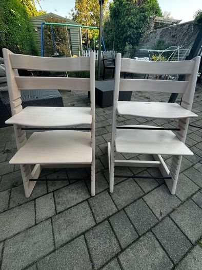 2 x Stokke Tripp Trapp Chairs and baby seat/harness