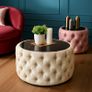 Velvet Button-Tufted Round Coffee Table with Tinted Glass Top Diameter: 80 cm Image 4