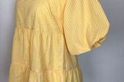 Yellow and white small check cotton blouse with puffy sleeves size 14 includes post