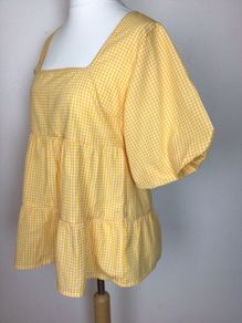 Yellow and white small check cotton blouse with puffy sleeves size 14 includes post