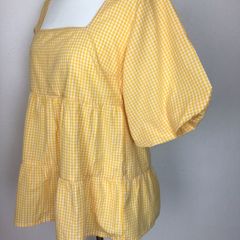 Yellow and white small check cotton blouse with puffy sleeves size 14 includes post