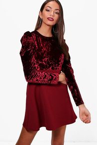 BNWT Boohoo Mel puff shoulder velvet berry mini dress long sleeve size XS