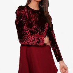 BNWT Boohoo Mel puff shoulder velvet berry mini dress long sleeve size XS