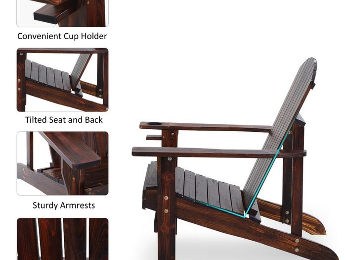 Outdoor Classic Wooden Adirondack Deck Chair with Cup Holder - Carbonized Color