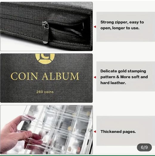 Coin Collection Holder For Collectors, 260 Pockets Coins Collecting Album With Zipper And Handle. Coin Display Storage Case For Money Currency Collection  (Box/folder Only) no coin slots transparent , u have to get them separatly