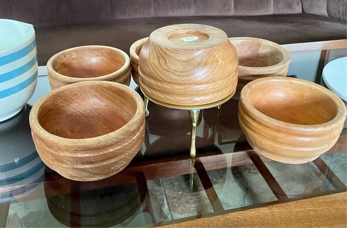 Rare Set 6 Rustic Irish Wood Turned Beehive Style Bowls Retos Shannon 1970s