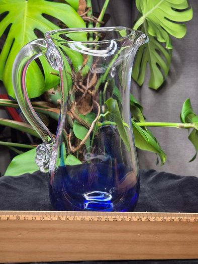Jerpoint Glass Large Handcrafted Studio Art Glass Pitcher Cobalt Blue