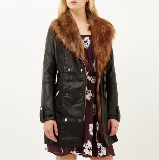 River Island heavy leather coat with detachable fur